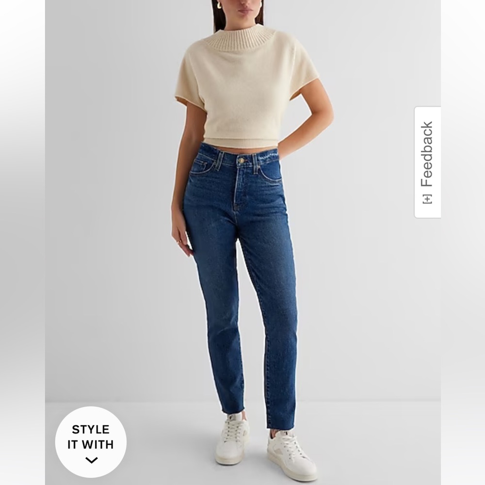 EXPRESS HIGH WAISTED DARK WASH RAW HEM '90S SKINNY JEANS